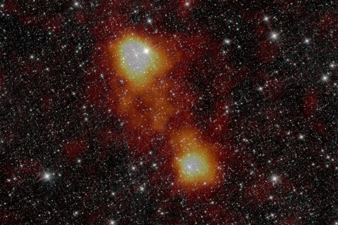 (orange-red) superimposed over two galaxies observed by the Wide-f