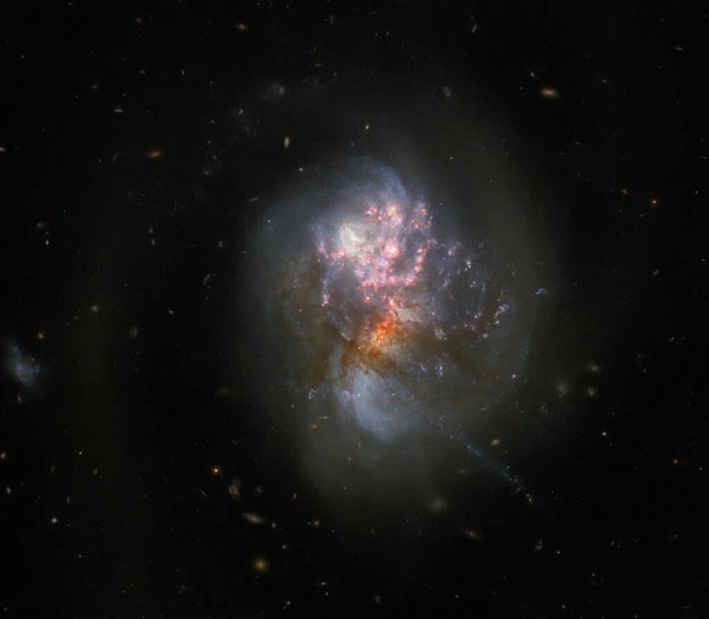 This image combining data from Hubble’s ACS and WFC3 instruments, gives a familiar visible-light view of these colliding galaxies