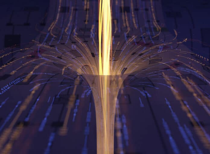 Artwork depicting a quantum experiment that observes traversable wormhole behavior