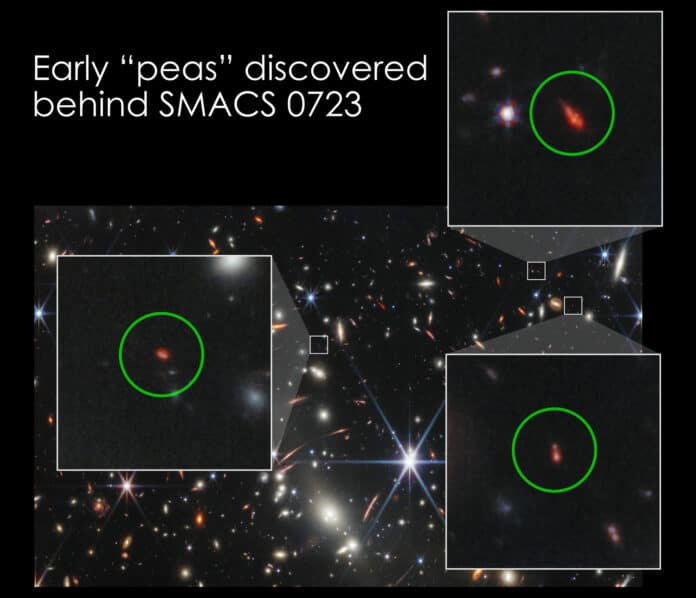 A trio of faint objects (circled) captured in the James Webb Space Telescope’s deep image
