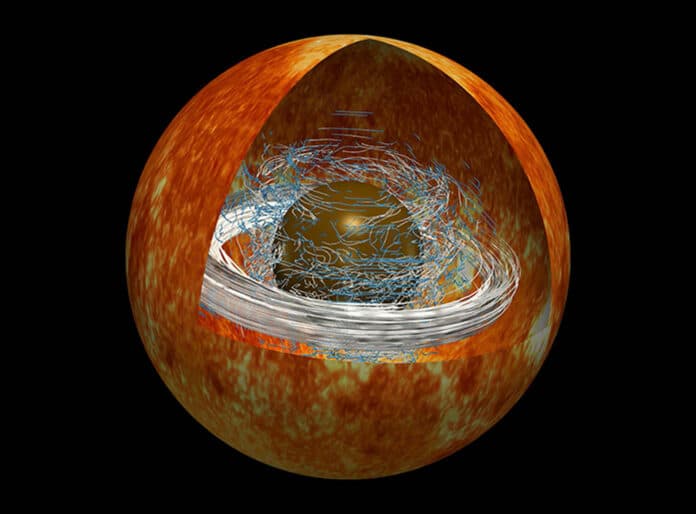 Simulation showing the intense magnetic field generated inside the radiative layer of a star