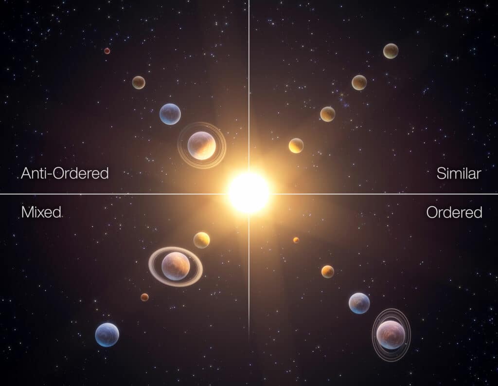 Artist's impression of the four classes of planetary systems