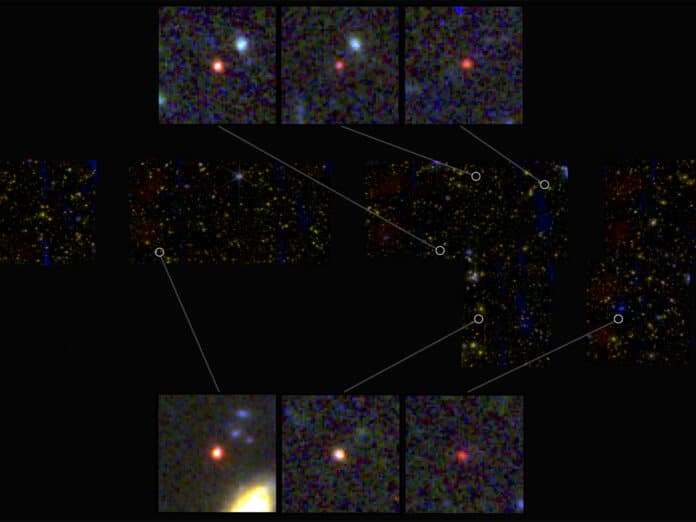 Images of six candidate massive galaxies, seen 500-700 million years after the Big Bang