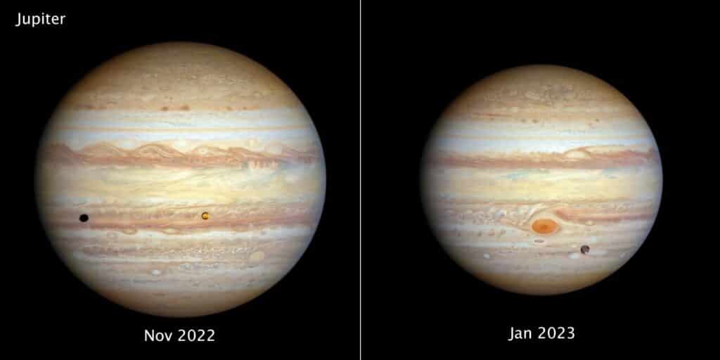 Two images of the giant gas planet Jupiter appear side by side for comparison.
