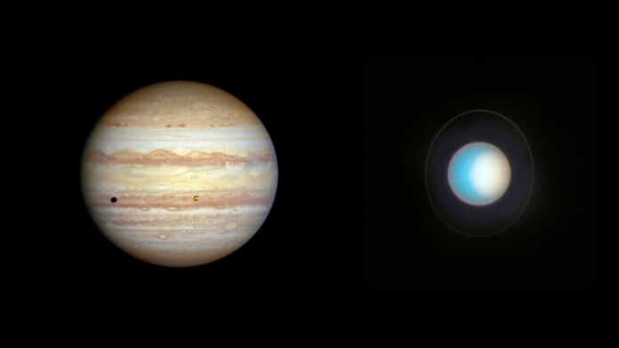 Jupiter is positioned on the left. It is banded in stripes of brownish orange, light gray, soft yellow, and shades of cream. Uranus is positioned on the right. It appears tipped on its side and is mainly coloured cyan.