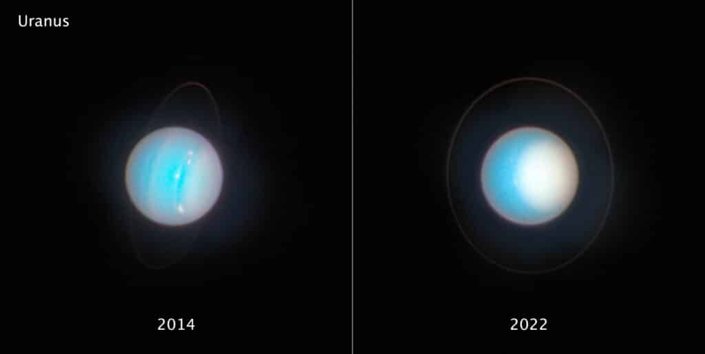 Two views of the tipped planet Uranus appear side-by-side for comparison.
