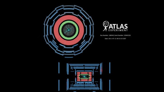 Event display of a W-boson candidate decaying into a muon and a muon neutrino inside the ATLAS experiment