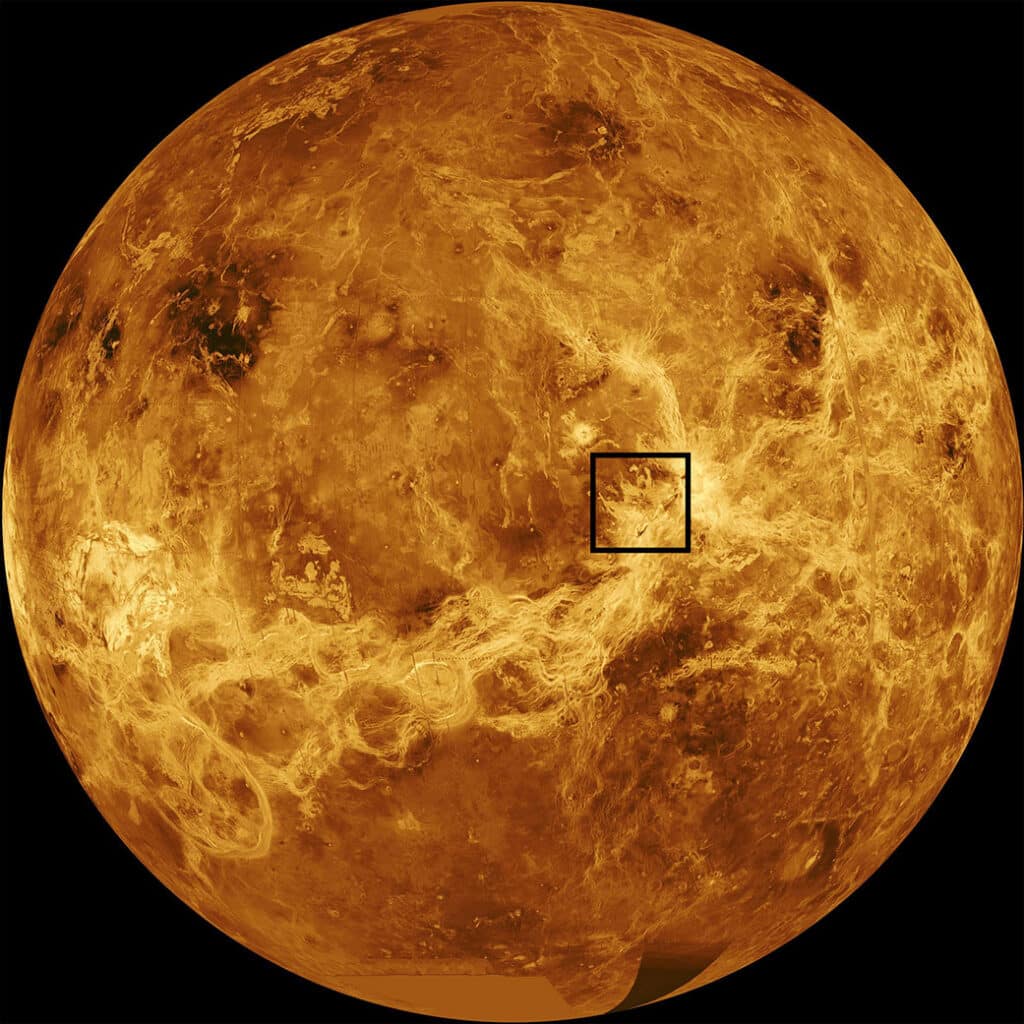computer simulated world map of the surface of Venus