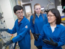 Image showing Research assistants and Nicole Curnutt work with Associate Professor Christina Woo to create protein-degradation strategies.