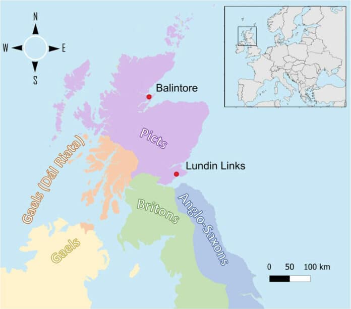 Sampling location and the regions under ancient Brittonic, Irish and Anglo-Saxon control around the 7th century