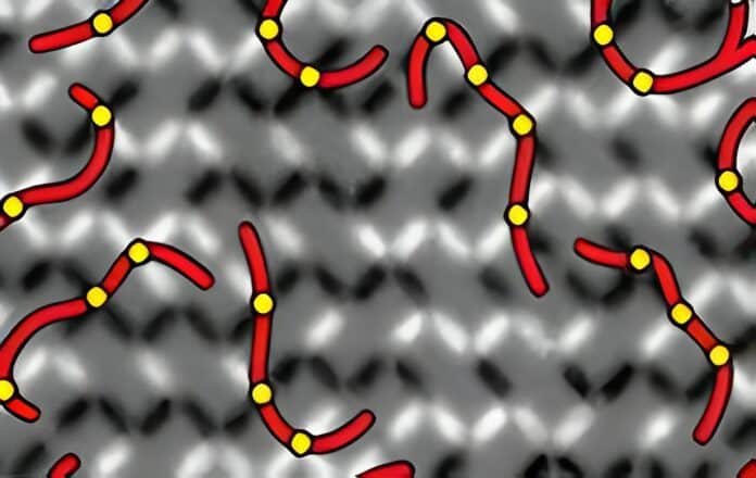 A microscopy snapshot of a lattice of frustrated nanomagnets. The red lines connect dynamic points of high energy at the vertices of the lattice, which are indicated by the yellow dots.