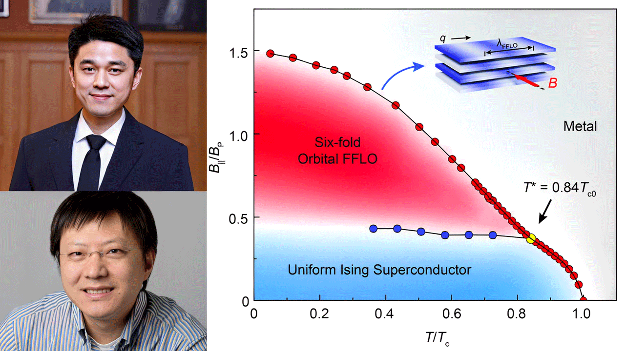 Left Top: P. Wan, Left Bottom: Prof. dr. Justin Ye | Photo Sylvia Germes. This phase diagram depicts the presence of a six-fold anisotropic orbital FFLO state, which occupies a substantial portion of the phase diagram. In the top right corner, schematic illustrations showcase the spatial modulation of the superconducting order parameter.