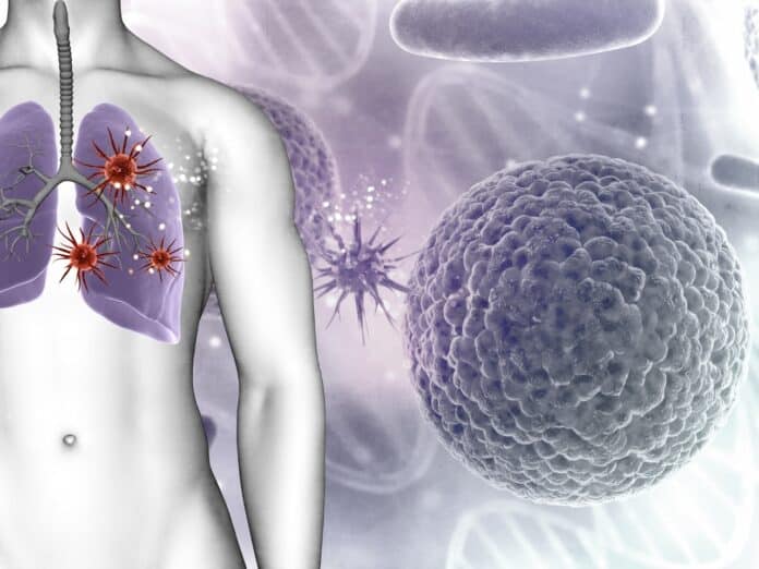 A medical background showing virus cells in male figures lungs.