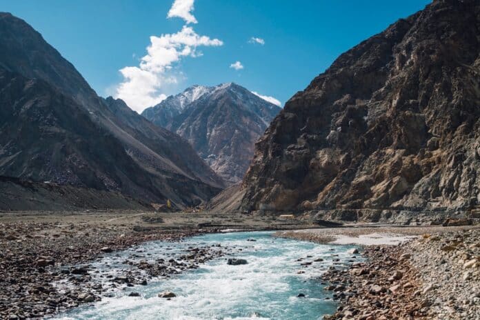 Image showing mountain and river and blue sky in leh ladakh.