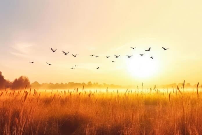 Image showing birds flock over field