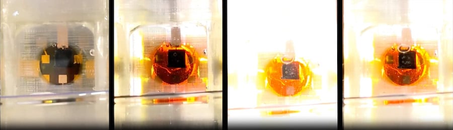 Series of four still images from a sample video showing how a photoreactor from Rice University splits water molecules and generates hydrogen when stimulated by simulated sunlight.