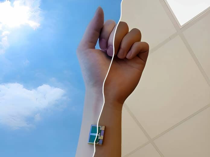 The sweat sensor as it would be worn on the body, capable of being powered by both sunlight and ambient indoor light