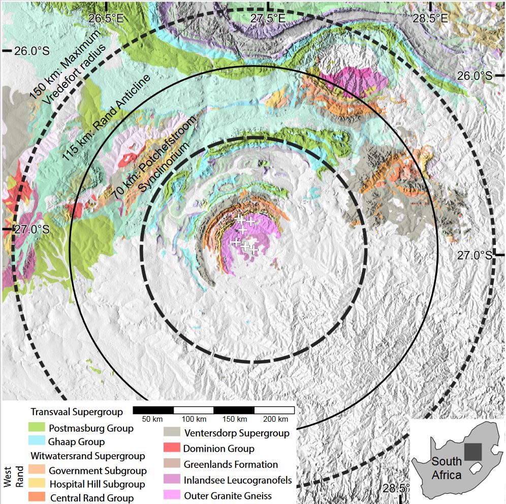 Impact craters and their broader structures can be visible in a geologic map