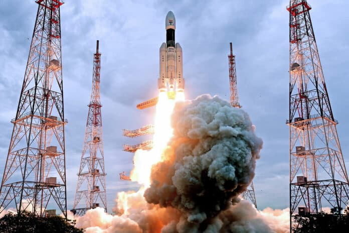 LVM3 lifting-off with Chandrayaan-3 on July 14, 2023.