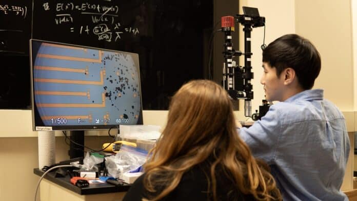 Image showing students arrange charge-holding battery particles on an array of microelectrodes.