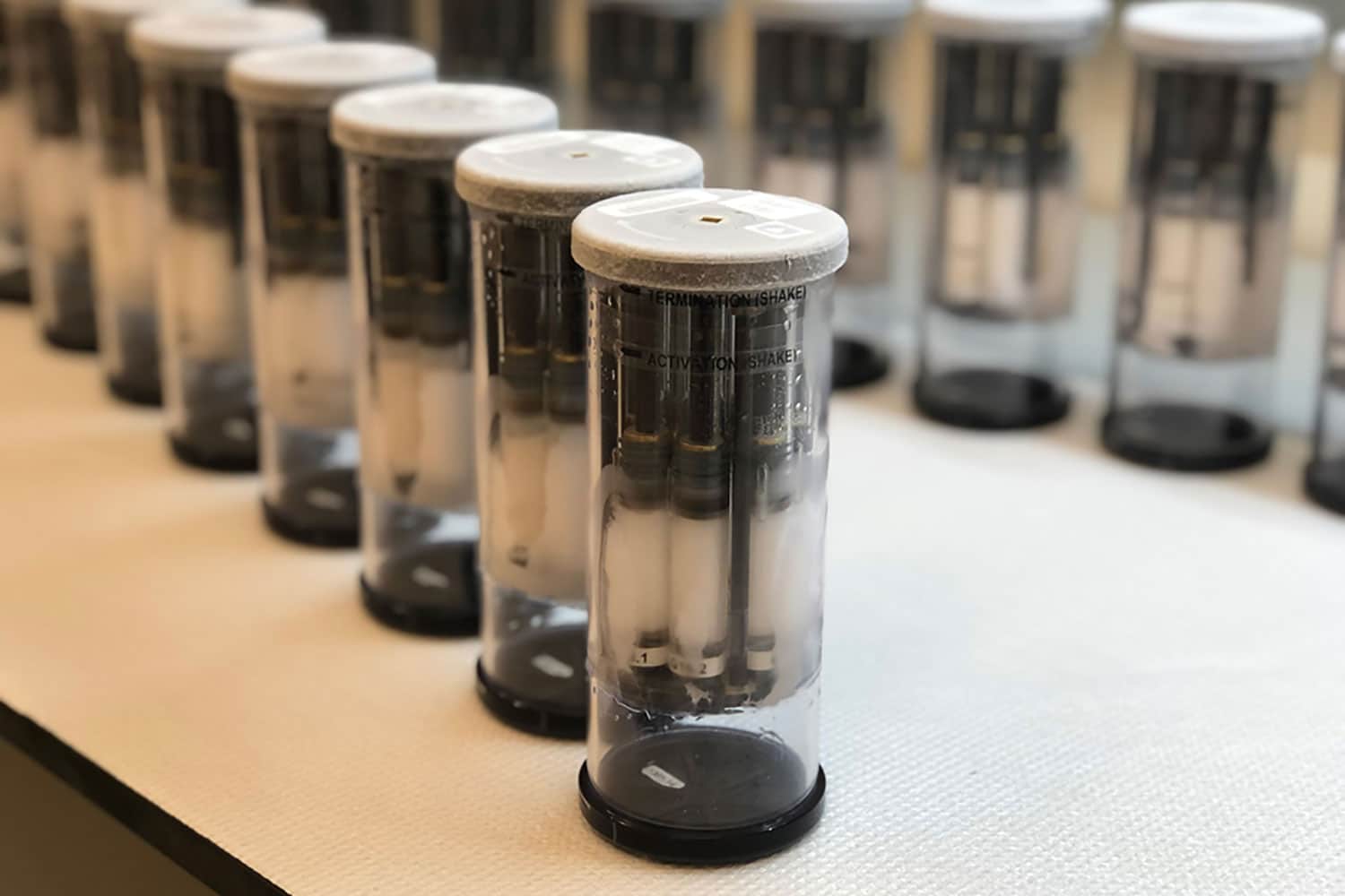 Caption:Inside these vials are chambers containing the new surface material and the microbes
