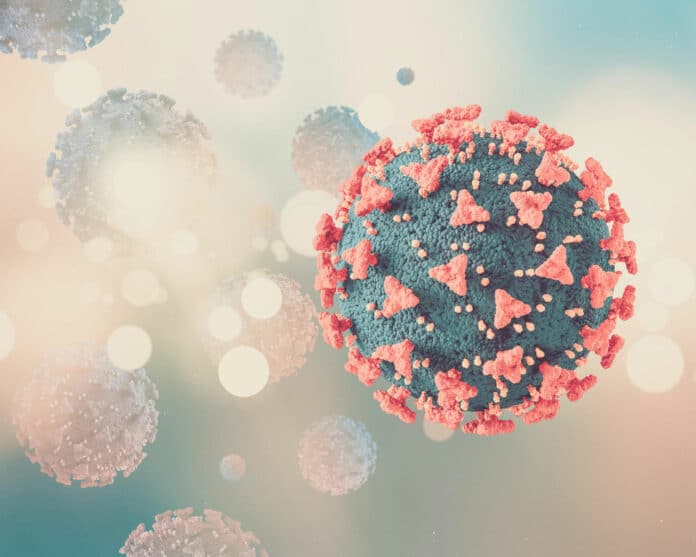 Free photo 3d render of a medical background with covid 19 virus cells