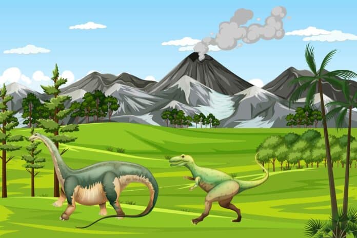 Nature scene with trees on mountains with dinosaur