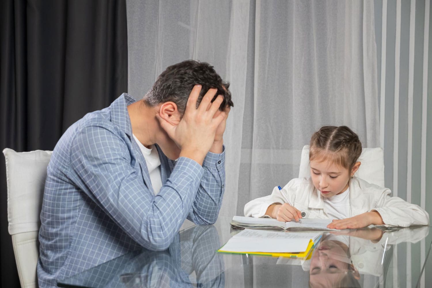 Father tries help daughter with home task and gets tired