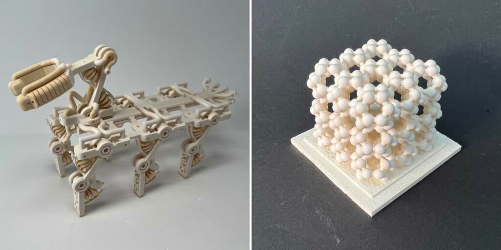 Other examples of 3D-​printing include a legged robot and metamaterials. The latter could be used to absorb vibrations. (Photographs: ETH Zurich / Thomas Buchner)