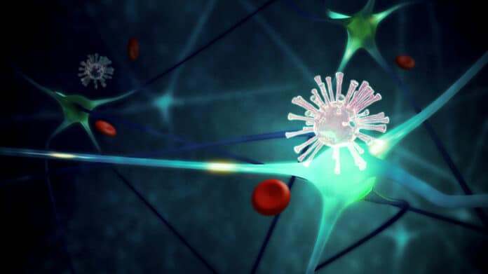 Virus spreading with neuron cell. 3d illustration rendering