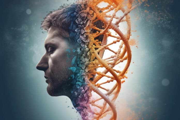 Human body silhouette and DNA strand Generative AI