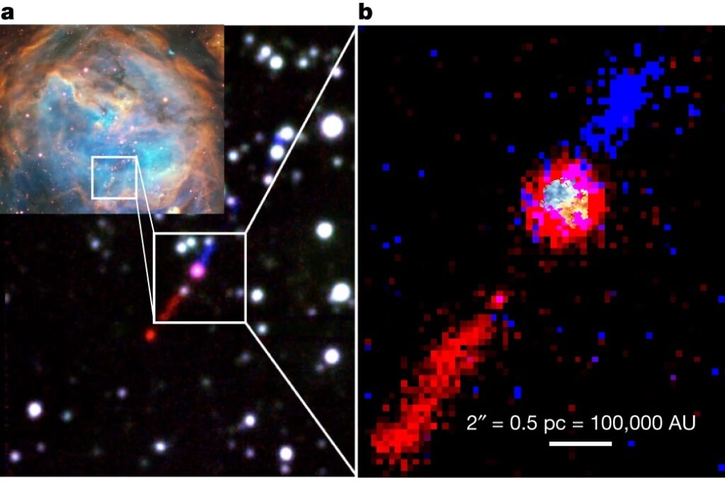 RGB composites of the star-forming region N180 and the jet