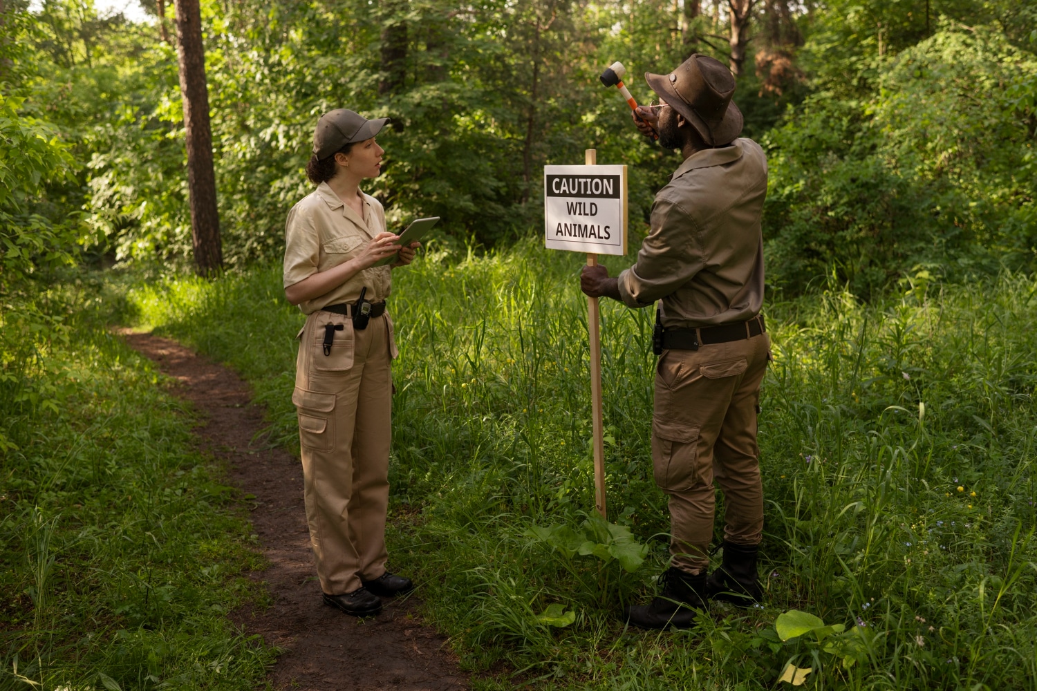 Full shot forest warden putting warning sign