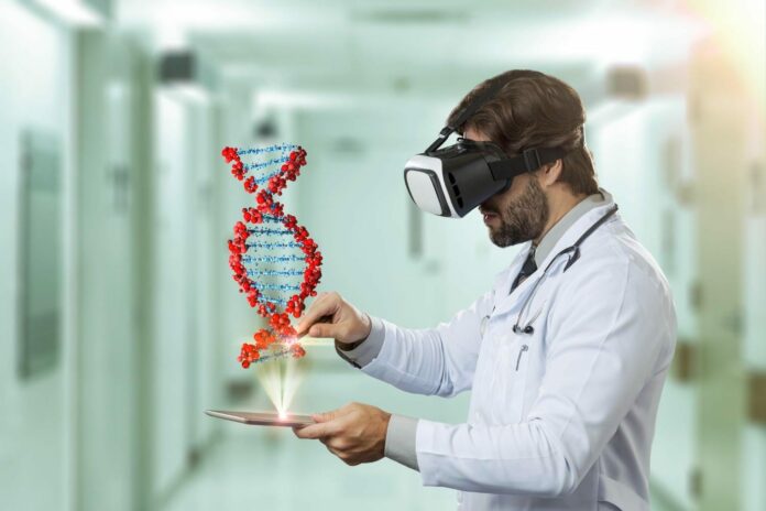 Photo male doctor in a hospital, looking at a virtual dna coming out of a tablet.