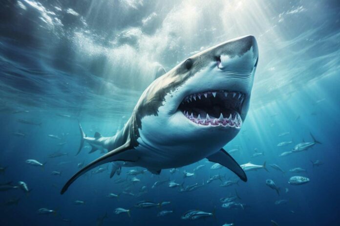 A shark swimming underwater close ups