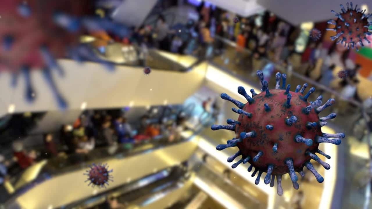 Image showing Photo 3d illustration omicron variant coronavirus floating over people wearing face mask inside a mall. mechanical stair in shopping center during pandemic flu covid19 virus infection concept.