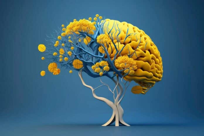 Human brain tree with flowers self care