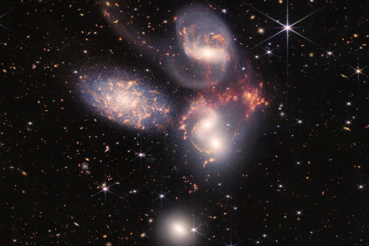 A composite of Stephan’s Quintet, a visual grouping of five galaxies, constructed from almost 1,000 separate image files from the James Webb Space Telescope. UCLA astrophysicists believe if cold dark matter theories are correct, the Webb telescope should find tiny, bright galaxies of the early universe.