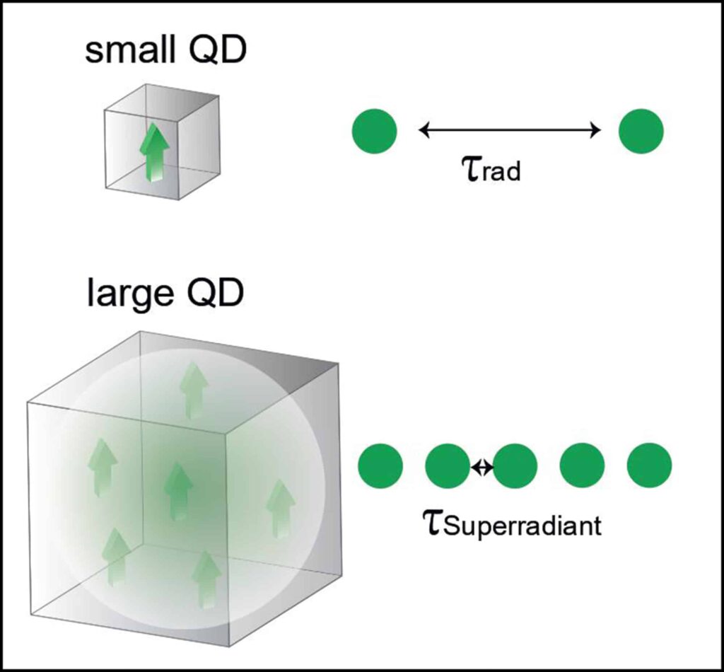 Through quantum mechanical expansion of the exciton, the dipole (arrow) can create several copies of itself. In a larger quantum dot (QD), superradiance then leads to a faster recombination of the exciton and hence to more photons emitted per second.