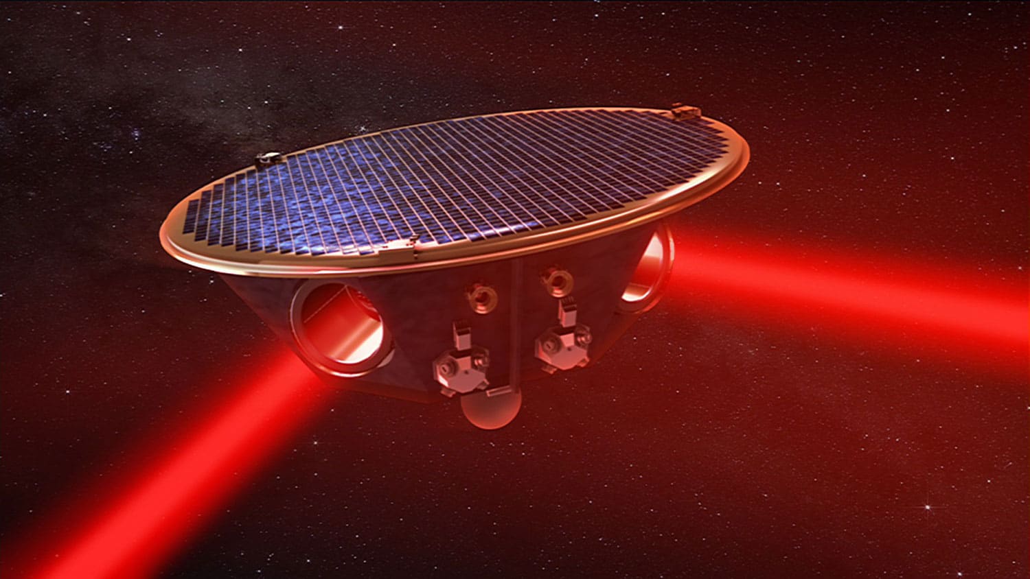 Lasers fired between the satellites, shown in this artist's concept, will measure how gravitational waves alter their relative distances. Credit: AEI/MM/Exozet