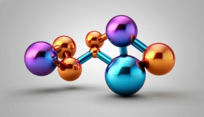 A molecule made of gold blue and purple balls