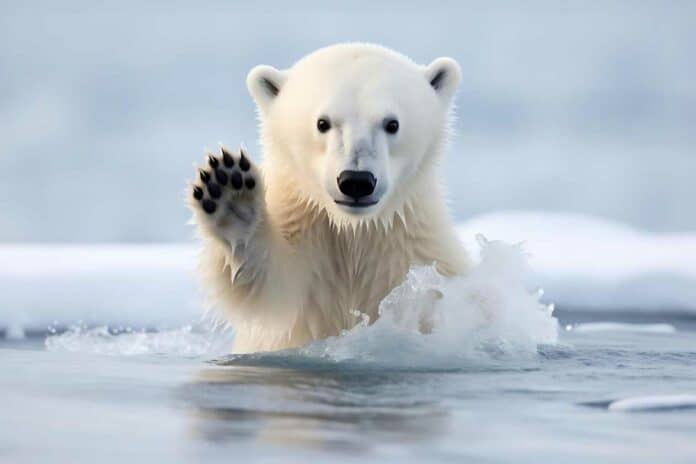 Polar bear running in the water
