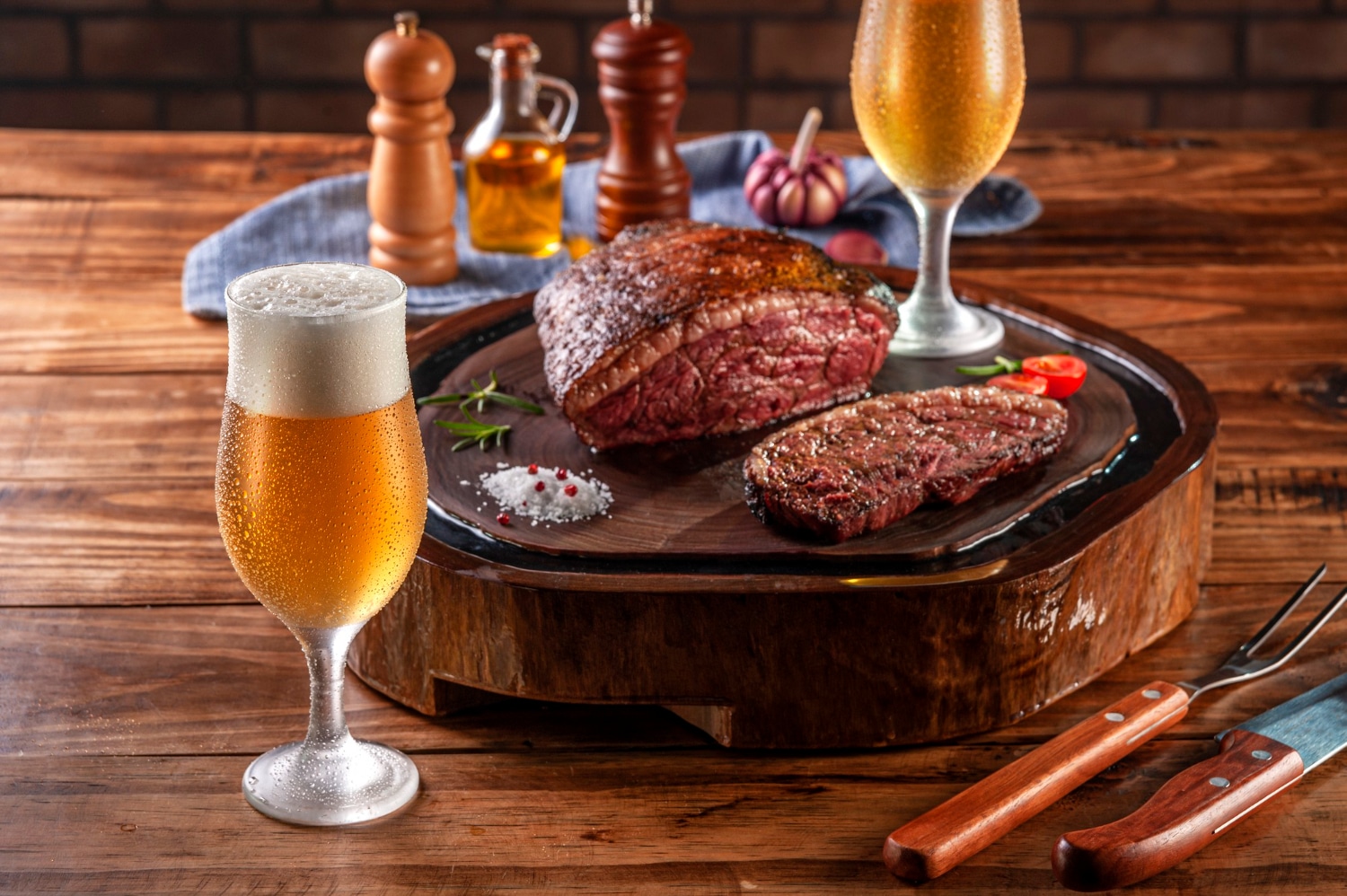Two sweaty cold tulipa glasses of beer with grilled sliced cap rump steak on wooden cutting board (brazilian picanha).