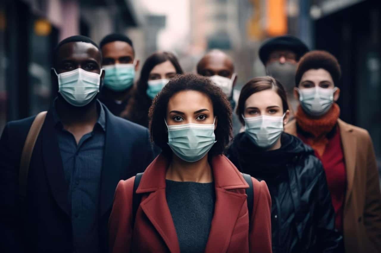 Many people of different nationalities wearing medical masks on a city street Pandemic coronavirus quarantine concept.