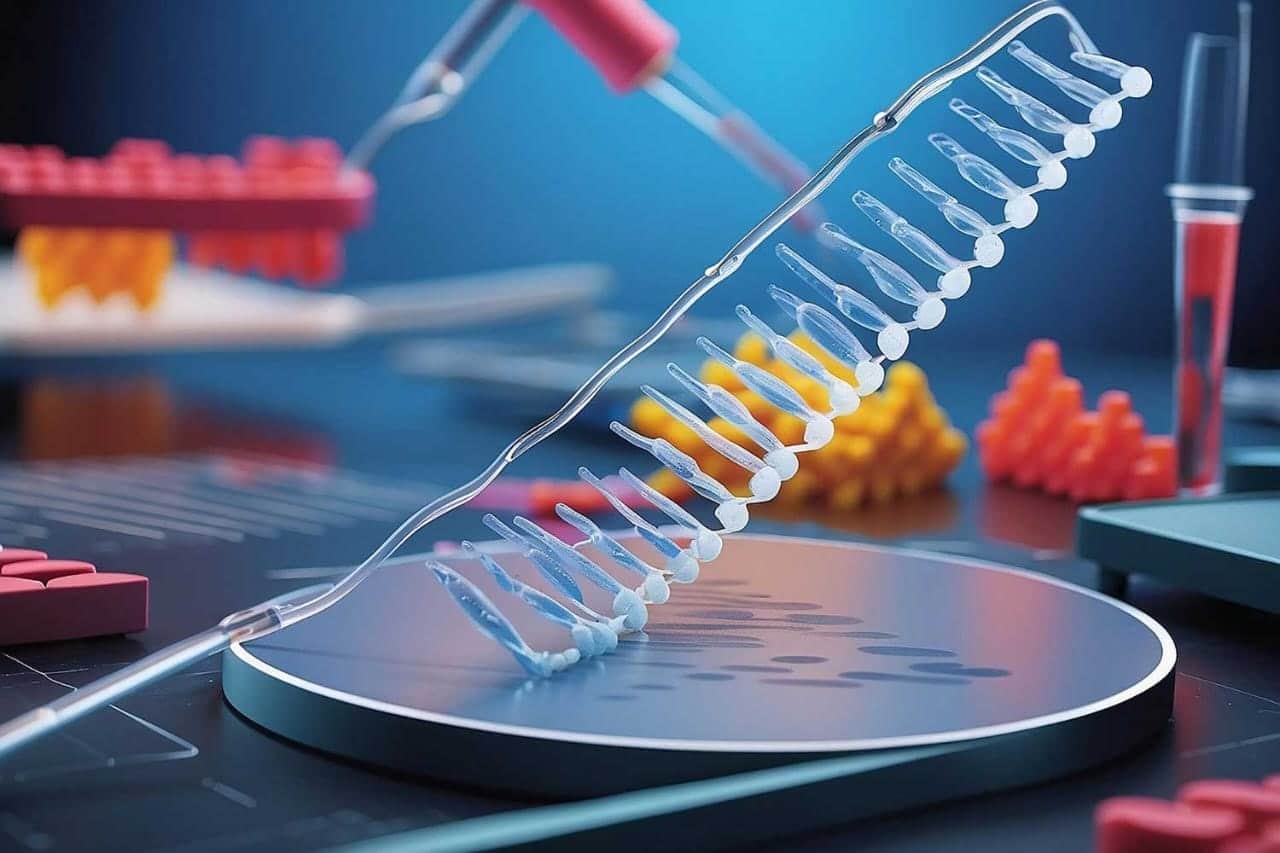 Pipette on multi well plate over dna research data