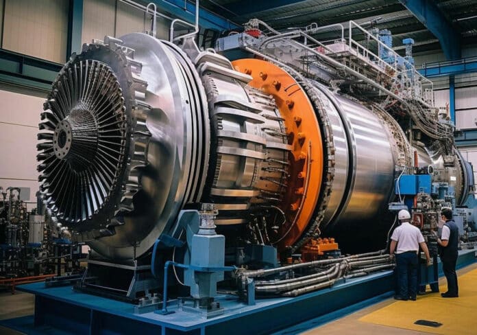 Industrial power plant gas turbine generating electricity.