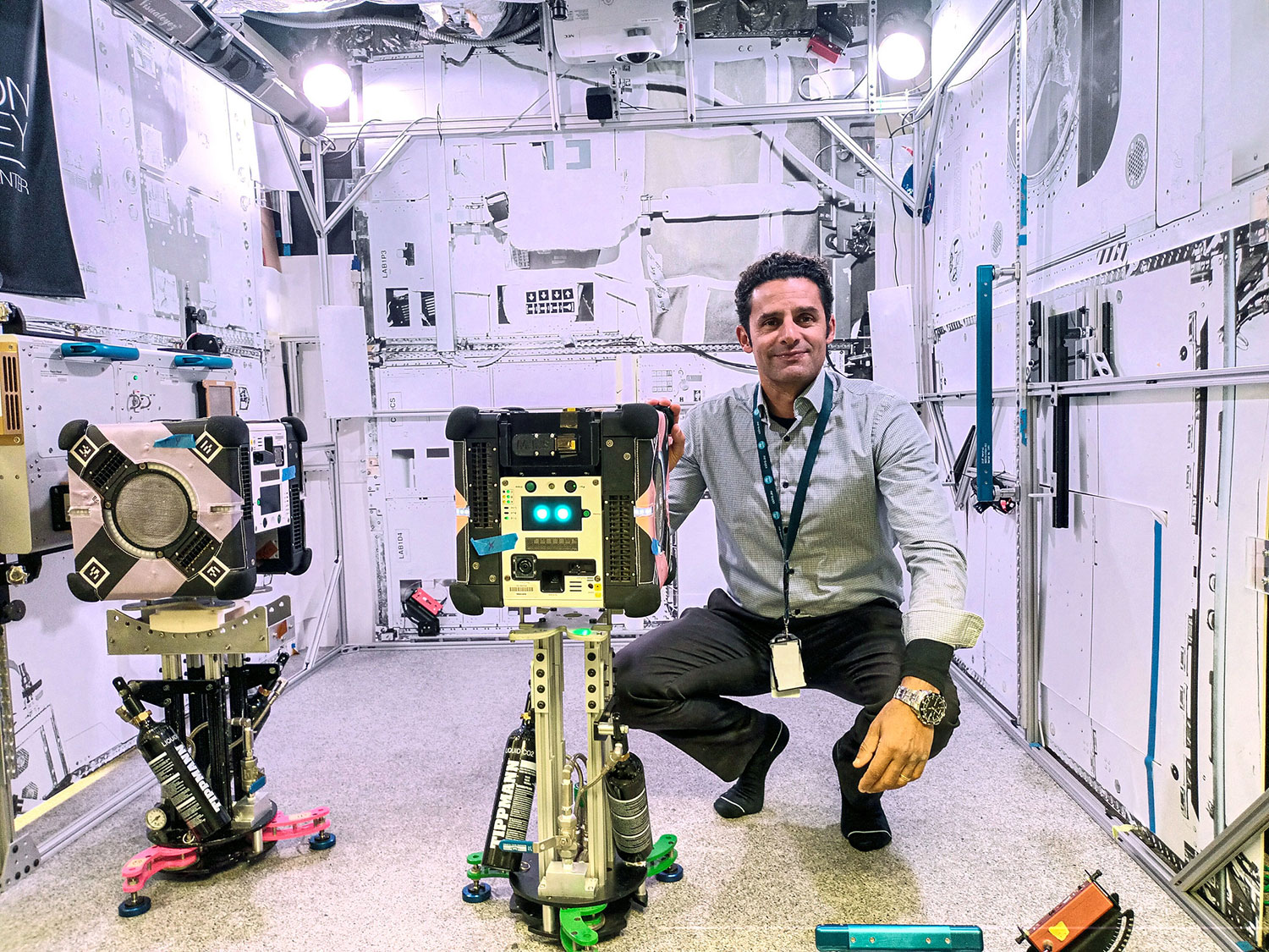 CSIRO Project Lead Dr. Marc Elmouttie with the Multi-Resolution Scanning payload, housed within an Astrobee robot.