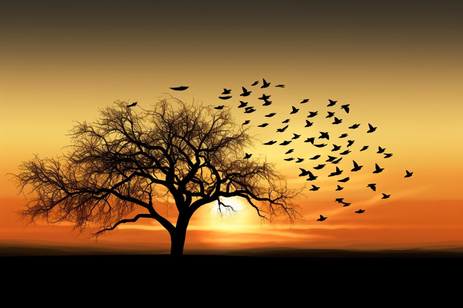 Birds flying from the tree during sun rise