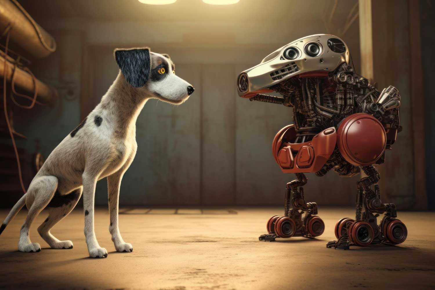 Live dog stands beside a cuttingedge robot dog