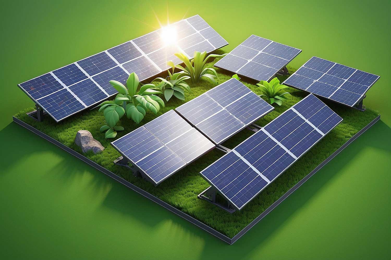 3d Solar panels covered with plants over green background